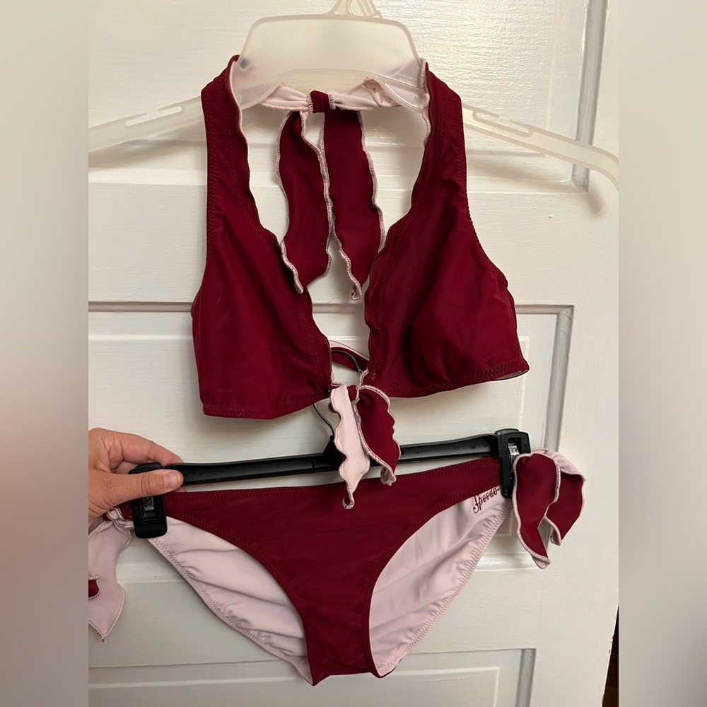 Reversible ruffled halter bikini